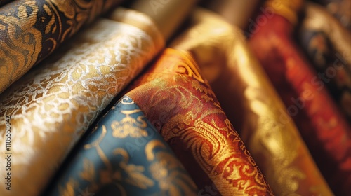 Wallpaper Mural 101.A close-up shot of fabric swatches in a catalog, the rich textures and intricate designs highlighted by warm lighting, creating an inviting and tactile scene. Torontodigital.ca