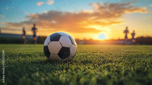 Soccer ball on grass during sunset practice. photo