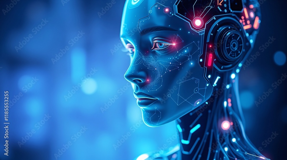A detailed futuristic depiction of a humanoid cyborg with illuminated circuit patterns A detailed futuristic depiction of a humanoid cyborg with illuminated circuit patterns