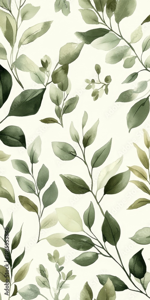 Elegant Watercolor Foliage and Flowers Seamless Pattern in Muted Greens, Soft Browns, and Grey Tones on White Background for Sophisticated Wallpaper and Textile Design Elegant Watercolor Foliage and Flowers Seamless Pattern in Muted Greens, Soft Browns, and Grey Tones on White Background for Sophisticated Wallpaper and Textile Design