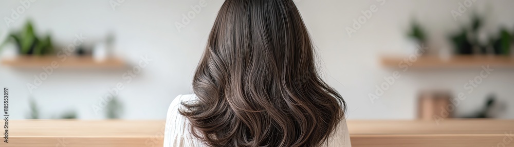 Fototapeta premium A long lacefront wig, glossy black, styled in loose waves, displayed elegantly on a brushed wooden counter