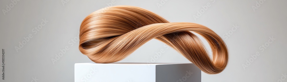 Fototapeta premium A ponytail hairpiece in rich auburn, coiled neatly on a minimalist white pedestal