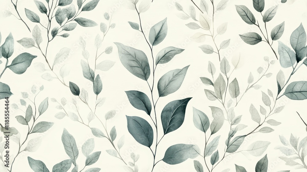 Elegant Watercolor Foliage and Flowers Seamless Pattern in Muted Greens, Soft Browns, and Grey Tones on White Background for Sophisticated Wallpaper and Textile Design Elegant Watercolor Foliage and Flowers Seamless Pattern in Muted Greens, Soft Browns, and Grey Tones on White Background for Sophisticated Wallpaper and Textile Design