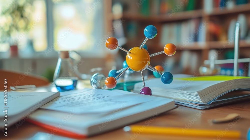 Chemistry Molecule. Molecule Model on Study Table Surrounded by Science Books and Lab Equipment Chemistry Molecule. Molecule Model on Study Table Surrounded by Science Books and Lab Equipment