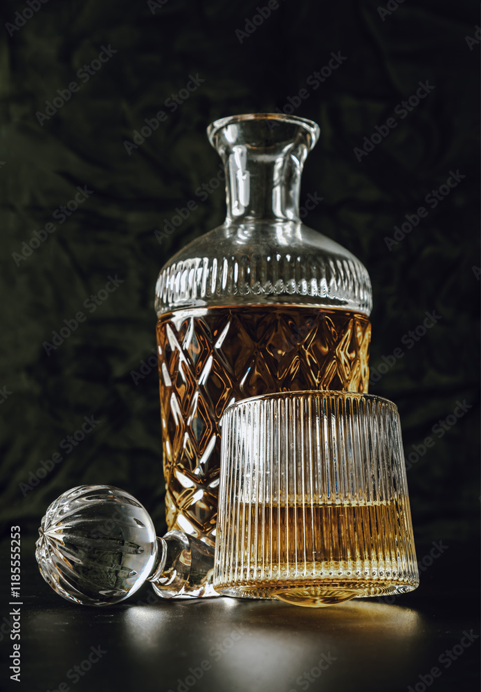 Design elements of The crystal decanter of whiskey, Glass Lid with Whiskey glass on dark background with reflection. use it as your Wallpaper, Poster and Copy space, Selective focus.