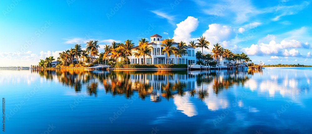 Obraz premium Luxury Waterfront Homes Amidst Lush Palm Trees and Blue Skies