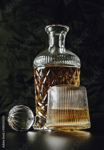 Obraz na płótnie Design elements of The crystal decanter of whiskey, Glass Lid with Whiskey glass on dark background with reflection. use it as your Wallpaper, Poster and Copy space, Selective focus. w salonie