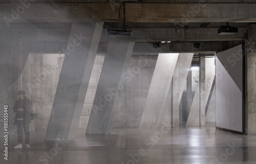 View of Concrete pillars inside Blavatnik Building of Tate Modern Switch House extension. Interior at Tate modern its distinctive and lattice brickwork. Angular structure, Space for text. photo