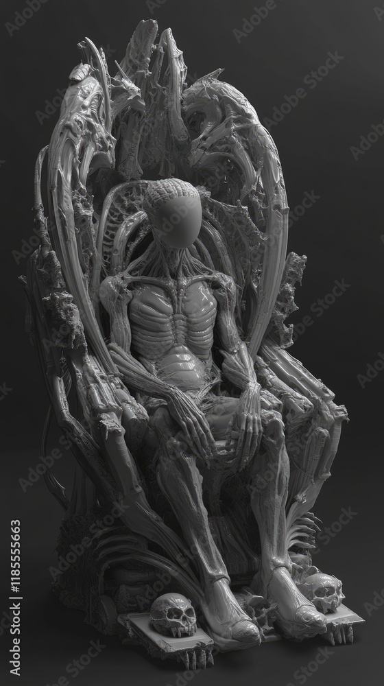 A surreal sculpture of a humanoid figure seated on a throne, showcasing intricate skeletal details. A surreal sculpture of a humanoid figure seated on a throne, showcasing intricate skeletal details.