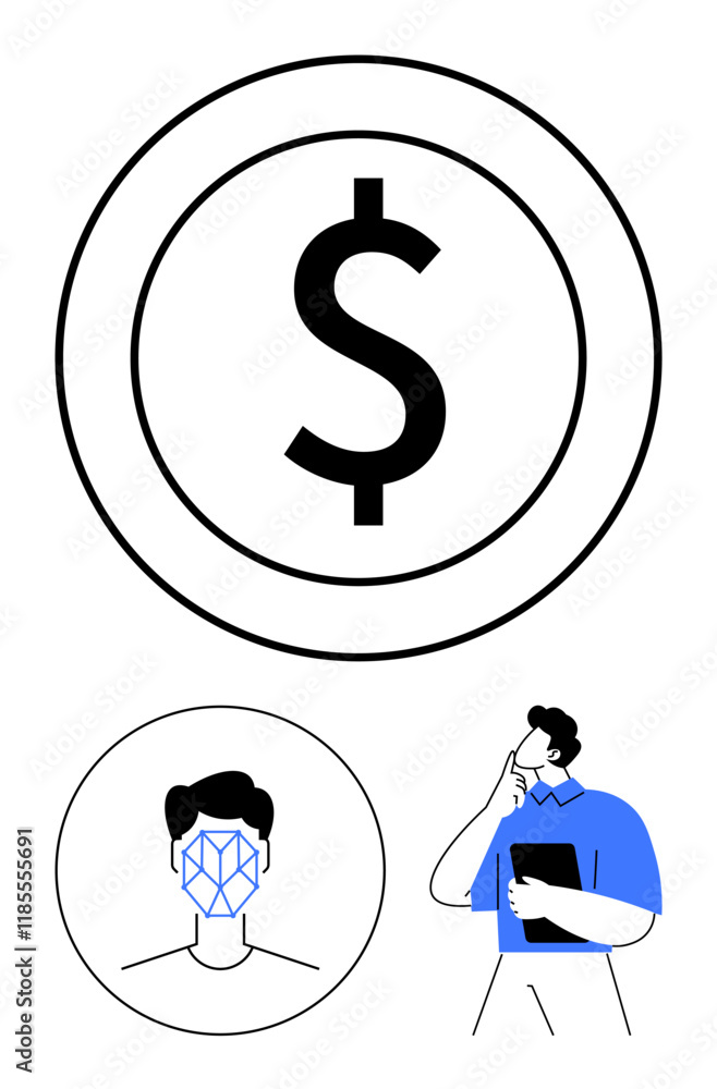Facial recognition icon, dollar sign in a circle, and a thoughtful man with a tablet. Ideal for technology, finance, privacy, security, innovation, analysis abstract line flat metaphor Facial recognition icon, dollar sign in a circle, and a thoughtful man with a tablet. Ideal for technology, finance, privacy, security, innovation, analysis abstract line flat metaphor