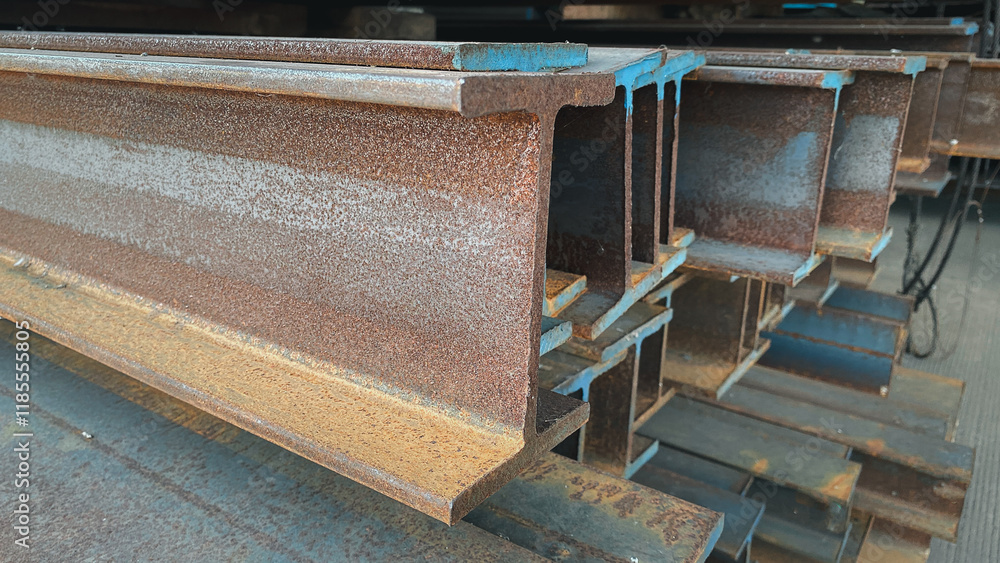 steel construction products H-beam on transport vehicle.iron steel store in warehouse heavy industry.Steel group for industry material Product of engineering construction Factory. steel construction products H-beam on transport vehicle.iron steel store in warehouse heavy industry.Steel group for industry material Product of engineering construction Factory.