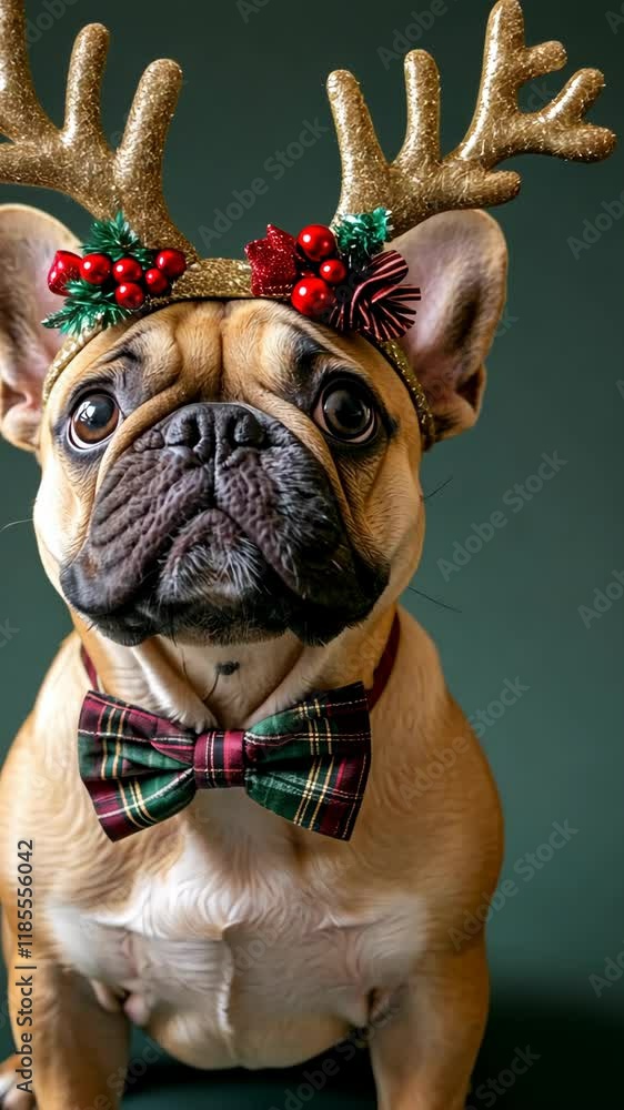 French bulldog dressed in festive reindeer antlers and bow tie for holiday celebration French bulldog dressed in festive reindeer antlers and bow tie for holiday celebration