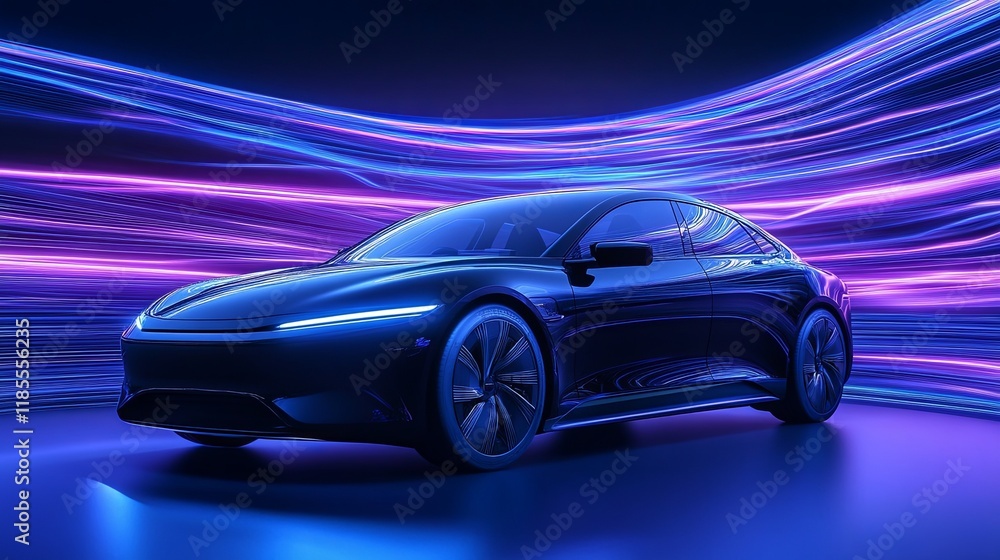 Sleek Electric Car in a Vibrant Neon Lightwave Setting Sleek Electric Car in a Vibrant Neon Lightwave Setting