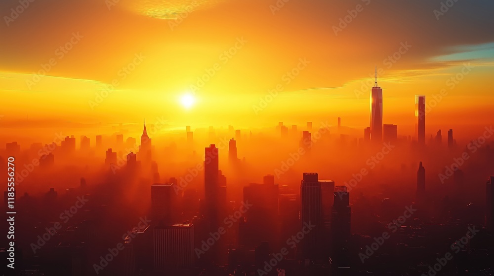 Fototapeta premium Vibrant Cityscape at Sunrise with Golden Skies