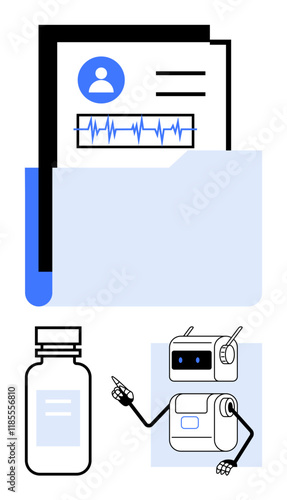 Digital folder holds patient file medical chart medicine bottle, robot assistant with pen. Ideal for healthcare, technology, medical records, AI, robotics, pharmaceuticals, digitalization. Line