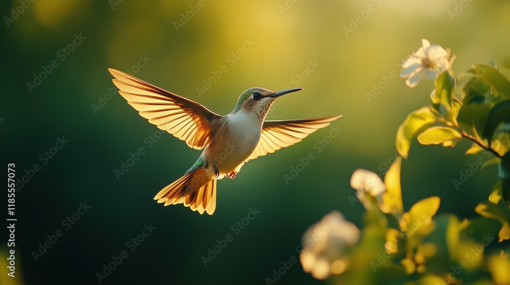 Naklejka premium Hummingbird in Flight Among Blossoms at Golden Hour