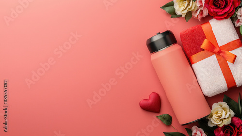 Valentine's Day custom gift set concept with personalized water bottle and gym towel. Gift items with flowers on a pink background for a special occasion
