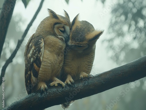 Φωτογραφία Owls cuddling on a branch. AI.