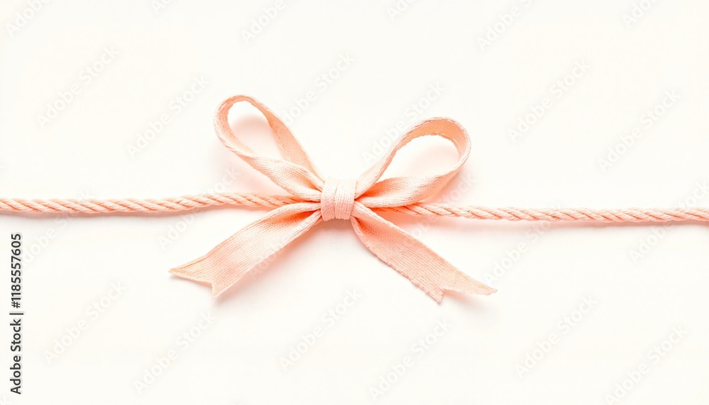Elegant Pink Satin Bow with Frayed Edges Tied on Twine Against a Clean White Background Elegant Pink Satin Bow with Frayed Edges Tied on Twine Against a Clean White Background