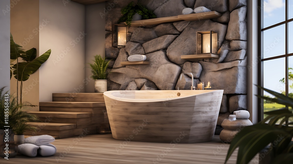 A relaxing spa-inspired bathroom with minimalist decor, natural stone, and wood accents. A relaxing spa-inspired bathroom with minimalist decor, natural stone, and wood accents.
