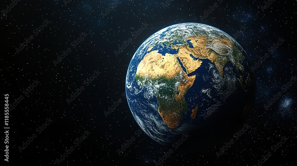 Obraz premium A detailed view of Earth from space, showcasing continents and oceans against a starry backdrop.