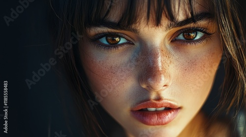 Wallpaper Mural Extreme Close-Up Drawing of a Young Brunette Woman with Brown Curtain Fringe Hair, Brown Eyes, and Slightly Open Mouth, Casual Attire Against a Black Wall Torontodigital.ca