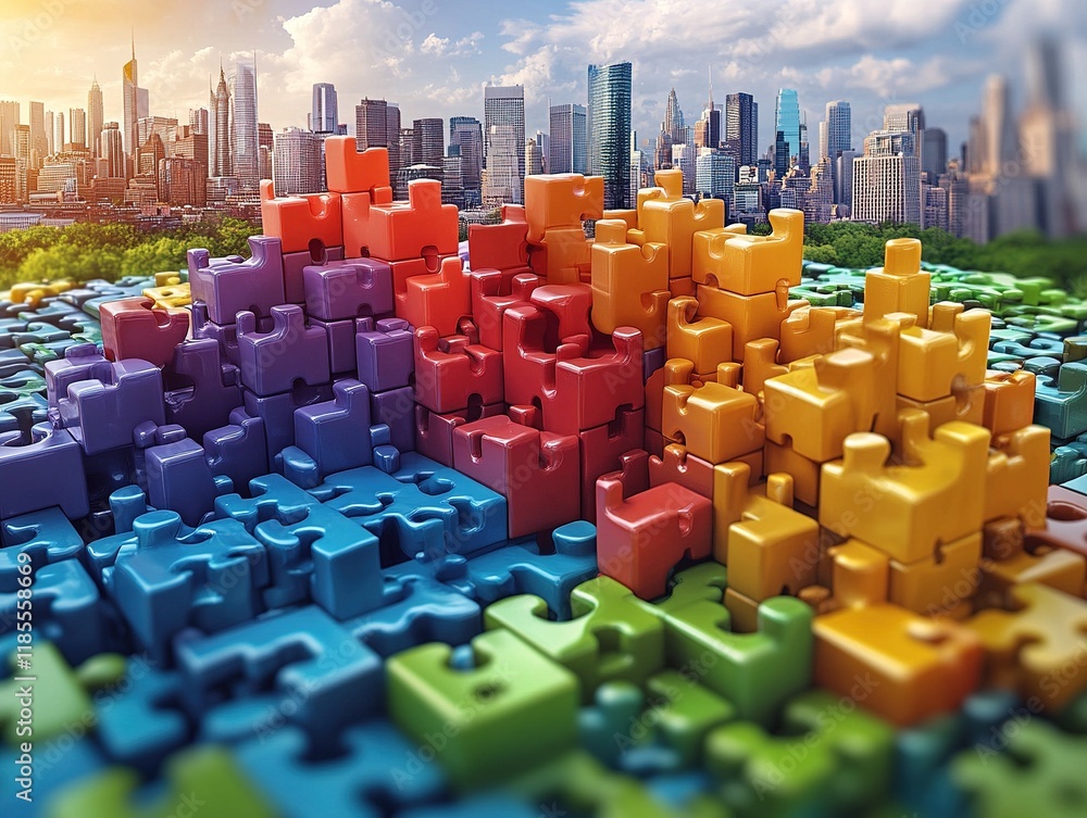 Obraz premium A colorful puzzle landscape with a city skyline in the background, symbolizing complexity and connection.