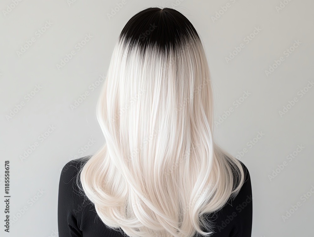 Naklejka premium An ombre wig transitioning from black roots to platinum blonde tips, styled in soft curls, displayed on a minimalist pedestal