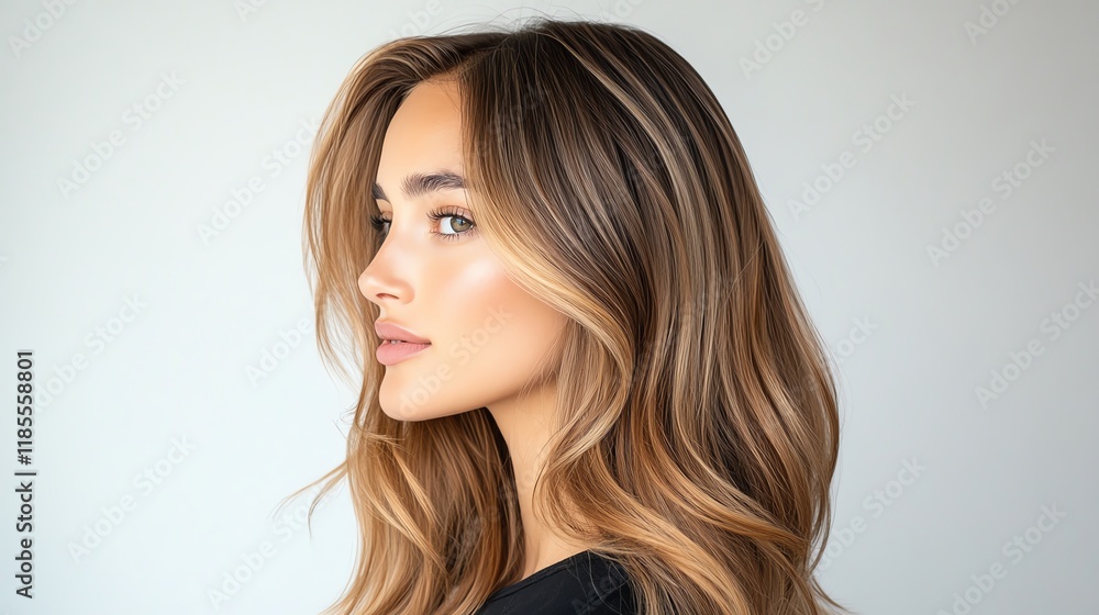 An ombre wig transitioning from ash brown to caramel, styled in cascading waves on a glass pedestal An ombre wig transitioning from ash brown to caramel, styled in cascading waves on a glass pedestal