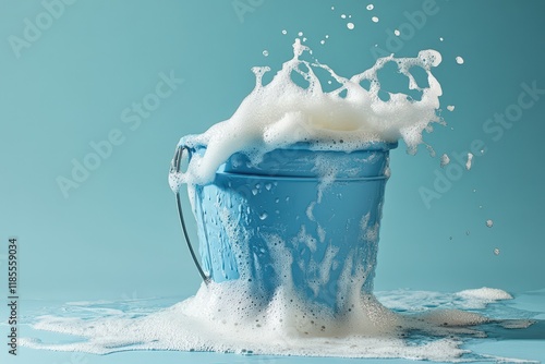 Blue Bucket Overflowing With White Foam photo