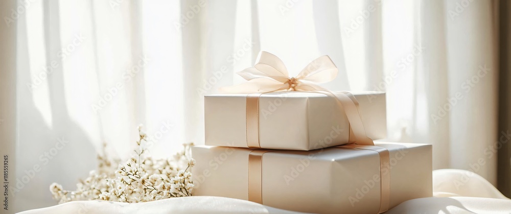 Elegant white gift boxes illuminated by soft sunlight, perfect for weddings, birthdays, or holidays. Ideal for invitations, decor, or gift wrapping ideas. Elegant white gift boxes illuminated by soft sunlight, perfect for weddings, birthdays, or holidays. Ideal for invitations, decor, or gift wrapping ideas.