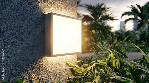 Illuminated wall light, tropical garden, city backdrop photo