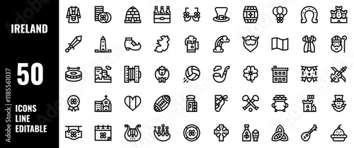 50 Ireland Icons Set Pack Line Editable Vector Illustration
