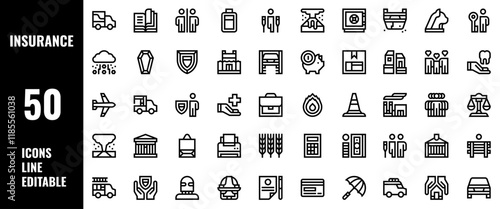 50 Insurance Icons Set Pack Line Editable Vector Illustration