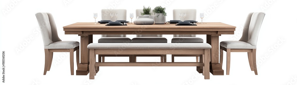 Elegant wooden dining table with plush chairs and decorative centerpiece. Elegant wooden dining table with plush chairs and decorative centerpiece.