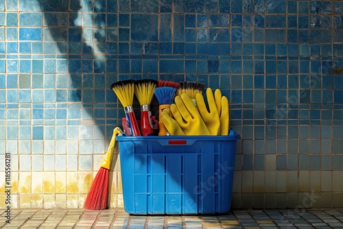 Cleaning supplies in a blue plastic container against a tiled wall photo