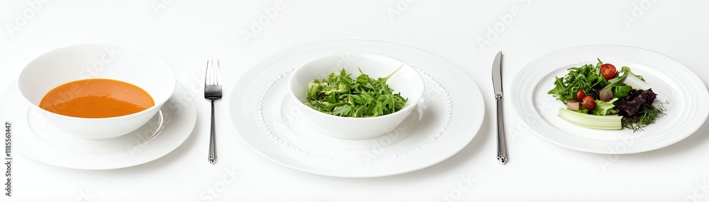 Three course meal, healthy starter salad, soup, and mixed greens on white plates. Three course meal, healthy starter salad, soup, and mixed greens on white plates.