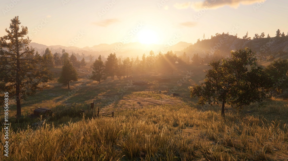 Serene Sunset over Golden Grassland Rural Landscape Scenic Countryside View Serene Sunset over Golden Grassland Rural Landscape Scenic Countryside View
