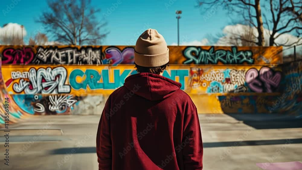 Young Man at Urban Skatepark with Graffiti Art