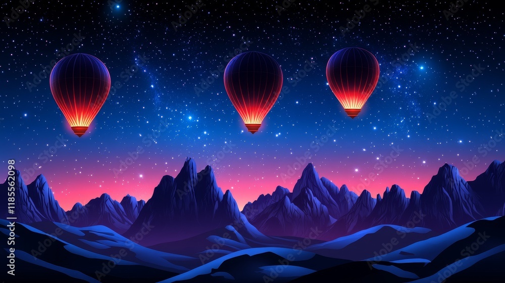 Fototapeta premium Three luminous hot air balloons ascend over a fantastical, starlit mountain range