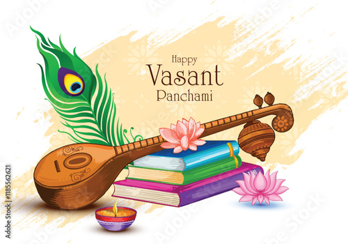 Happy vasant panchami indian festival card with veena illustration background