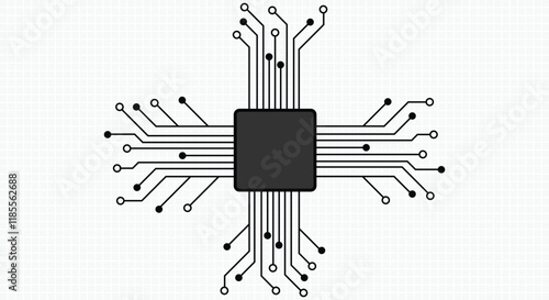 Cpu, Technology, Microprocessor, Microchip, Circuit board, Computer Chip, CPU, Icon, Semiconductor. Black circuit diagram on white background. High-tech circuit board connection system
