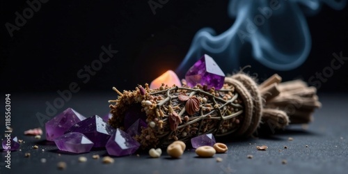 Wallpaper Mural Mystical Smudging Bundle with Amethyst Crystals and Incense Smoke Torontodigital.ca