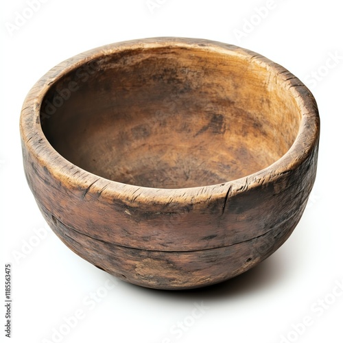 Rustic wooden bowl with a weathered finish on a white isolated background. photo