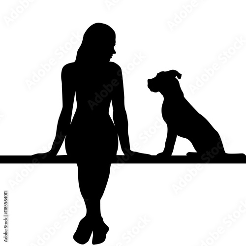 Silhouette of a woman with a dog in profile standing on a bench