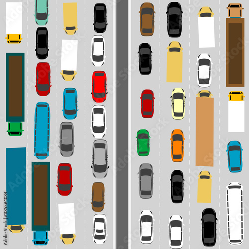View from above of a traffic jam on the highway, simplistic illustration.eps