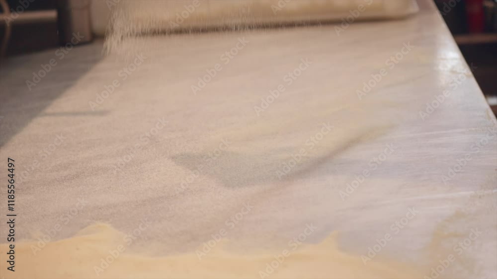 Pizza flour is spread on the pizza dough making table Pizza flour is spread on the pizza dough making table