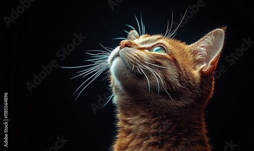 A close-up of a ginger cat looking upwards, illuminated against a dark background.