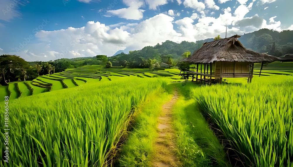 A hut sits amidst the green rice fields under a beautiful sky. A hut sits amidst the green rice fields under a beautiful sky.