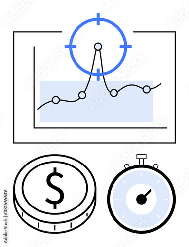 Graph with line chart and target circle, coin with dollar sign, stopwatch. Ideal for data analysis, financial growth, investment strategy, time management, business planning, market research